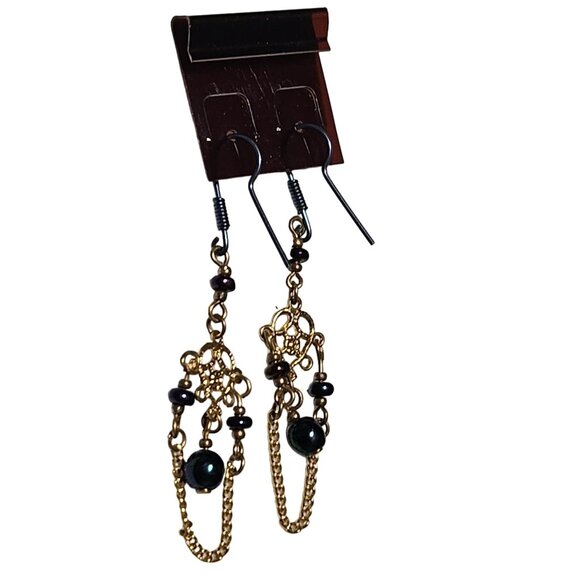 Fashion Earrings Elegant Filigree Dangle Navy Blue Beads Gold Tone Chain Dangle - Picture 4 of 5
